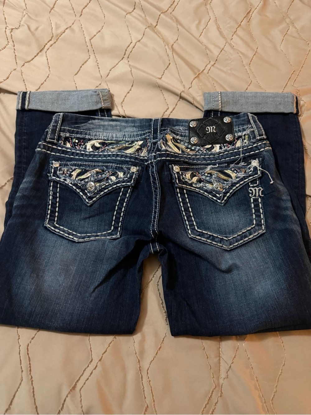 Miss Me Dark Indigo Embroidered Cuffed Ankle Jeans